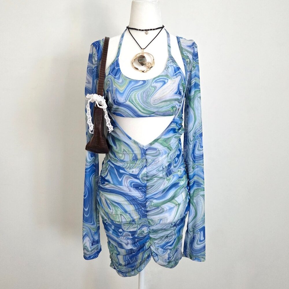 By Dyln Juna Dress Mesh Cutout Mini Blue Swirl Sz Large NWOT Y2K Club Rave Ibiza